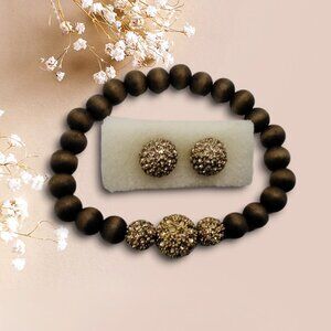 Retired Stella & Dot Prosper Wood Bead Bracelet w/Gold Pave Ball Stud Earrings